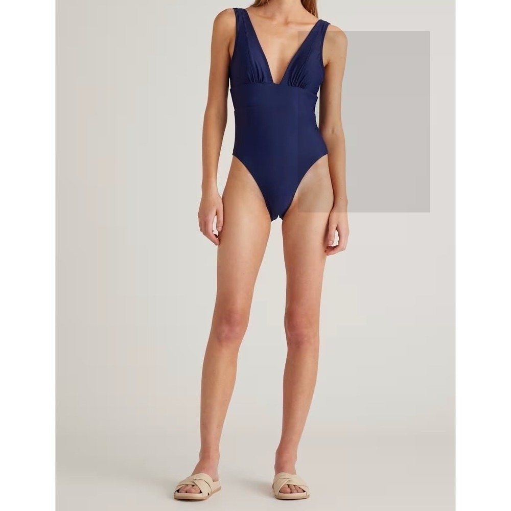 quince italian plunge one-piece swimsuit deep navy blue, women large long torso